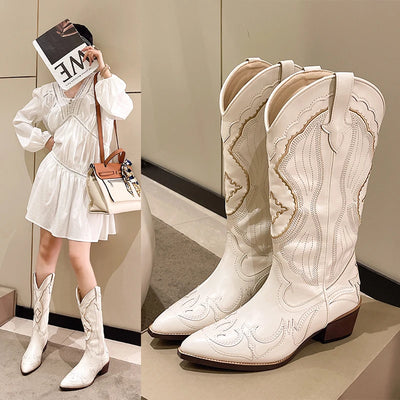 Women's Boots Retro Autumn Winter White Knee High Boots Big Size 41 Women Comfy Walking Female Western Cowboy Boot Women's Shoes