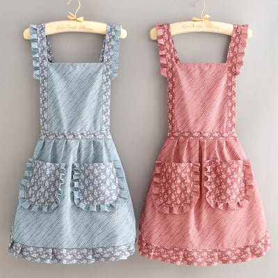 Cute Japanese Floral Canvas Apron Fashion Breathable Maid Dress with Waistband Home Kitchen Cooking Restaurant Women Workwear