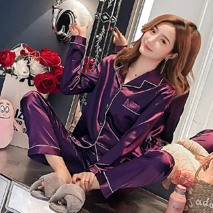 Plus Size Ice Silk Pajamas Women Long-Sleeved Solid Colour Loose 5xl Home Wear Ladies Comfortable Sleepwear 2PCS Set Nightwear