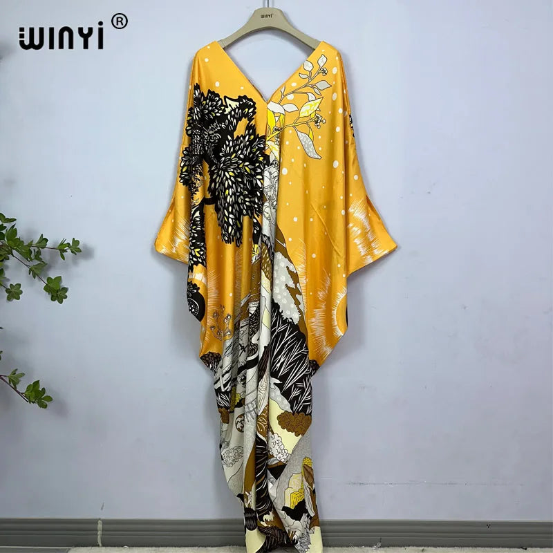 2023 Print Caftans for Women NEW fashion Beachwear WINYI Maxi robes beach V-neck Bohemian long dress Middle East Casual kaftan