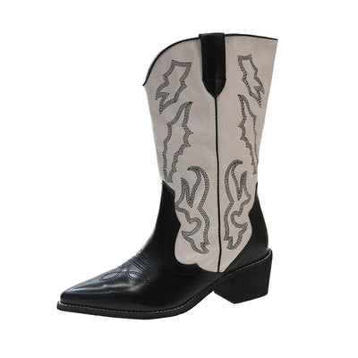 Embroidery Women Western Cowboy Boots Fashion Slip On Thick Heel Knight Long Booties Retro Style Autumn Winter Female Shoes