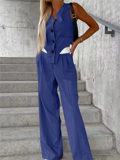 Women's Wide Leg Pant Suits V Neck Button Tanks Tops Pocket Loose Pants Outfits Two Piece Set For Women Irregular 2 Pcs/set 2025