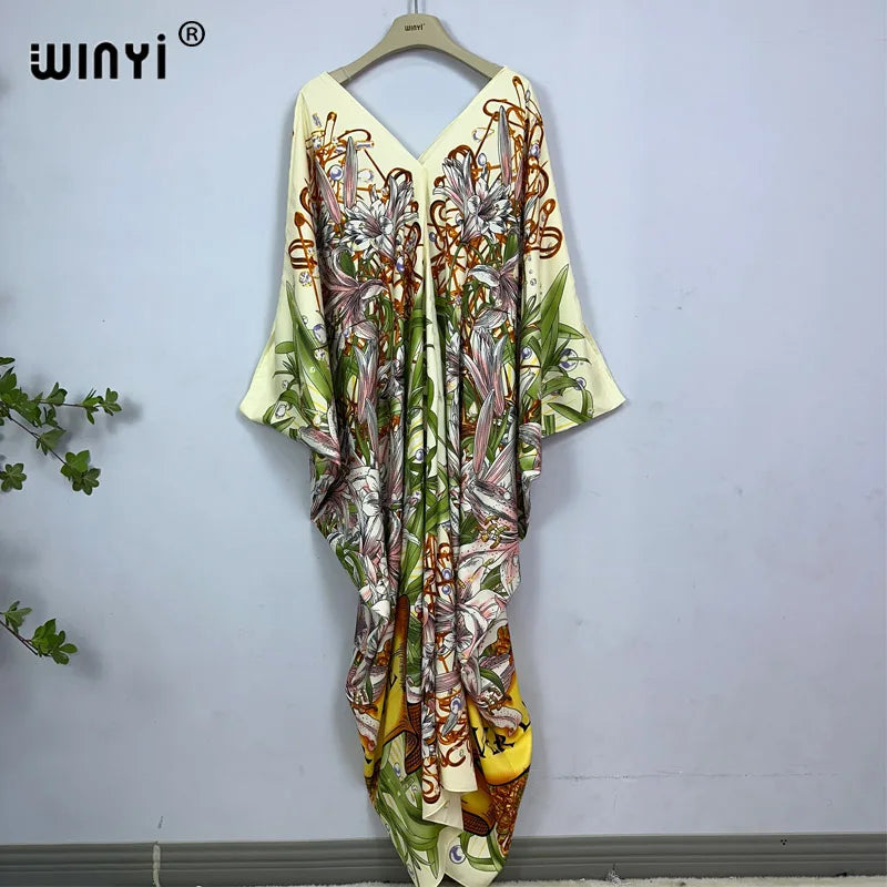 2023 Print Caftans for Women NEW fashion Beachwear WINYI Maxi robes beach V-neck Bohemian long dress Middle East Casual kaftan