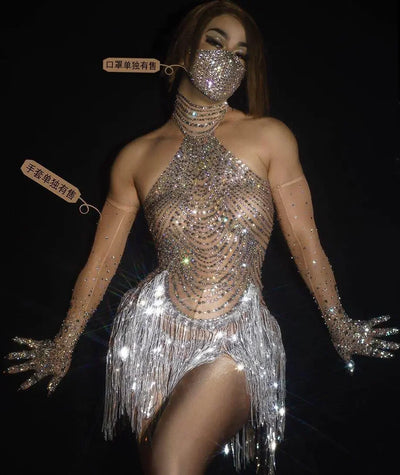 Elastic Mesh Net Perspective Crystal Leotard Singer Stage Outfit Female singer sexy Latin Dance Dress with Rhinestone Tassel