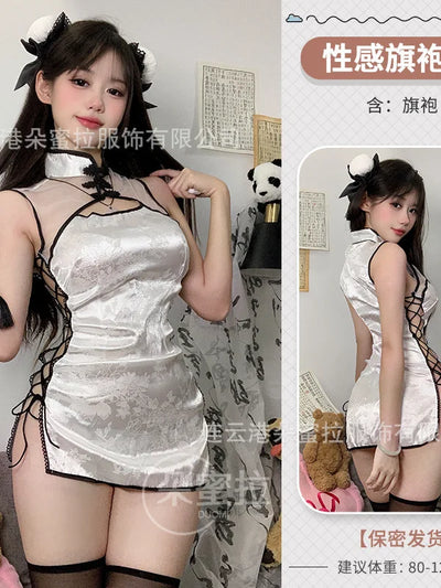 Sexy Cheongsam Mini Dress Mesh Lace Sheer Charming Underwear Uniform Transparent Slim Side Straps Dress Elegant Tops HE1O