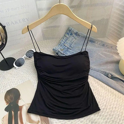 Summer Camisoles Tank Tops Women With Built In Bra Spaghetti Strap Tanks Vest Sleeveless Tees Cropped Top Solid Color Casual Top