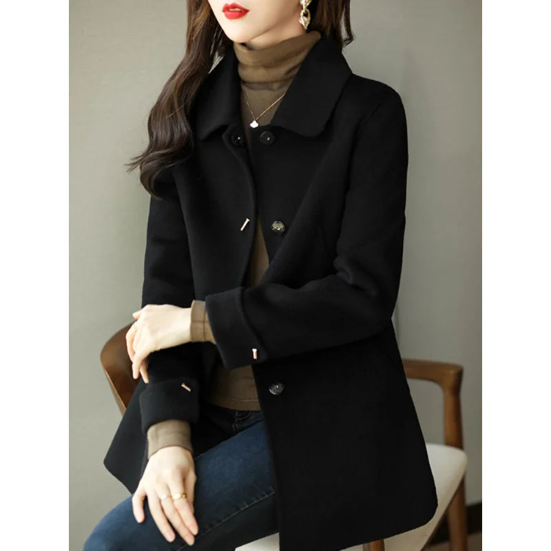 Woolen Coat Slim Fashion Office Lady Square Collar Single Breasted Winter Coats for Women 2023 Wide-waisted Pocket Black Coat