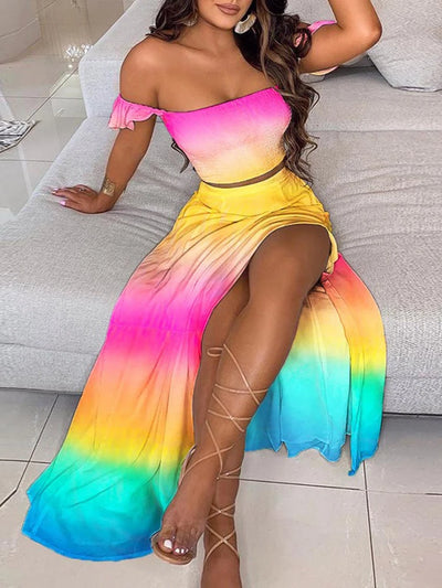 2-Piece Boho Chic Ensemble Off-Shoulder Smocked Tube Top&Floral High-Waist Split Maxi Skirt Summer Women Casual Wear Dress Sets