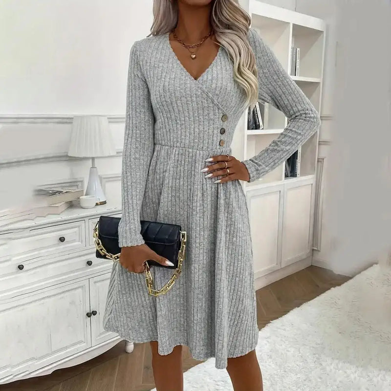 Autumn Winter Sweater Dress V Neck A-line Knitted Dress Long Sleeves Big Hem Midi Dress