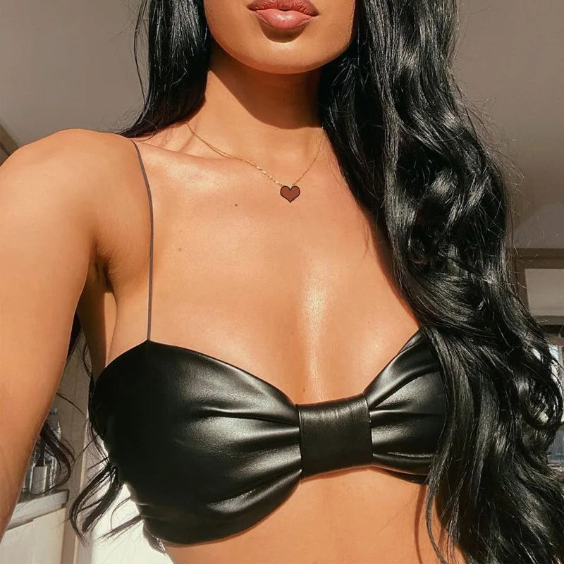 Sexy Bow Tie Shape Bare Midriff PU Halter Crop Tops Women Bustier Tank Top Backless Camisole Female Sleeveless Cropped Vest