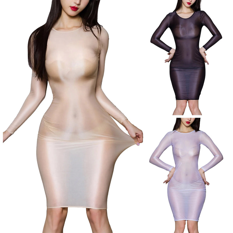 Women Sheer See-Through Bodycon Dress Glossy Long Sleeve High Stretch Skinny Mini Dress Tempting Lingerie Club Rave Party Wear