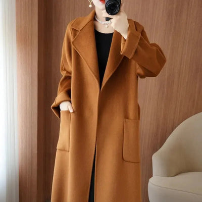 100% Pure Wool Double-Sided Cashmere Coat Women Winter New Mid-Length Loose Fashion Pockets Woolen Jacket Female Overcoat B551