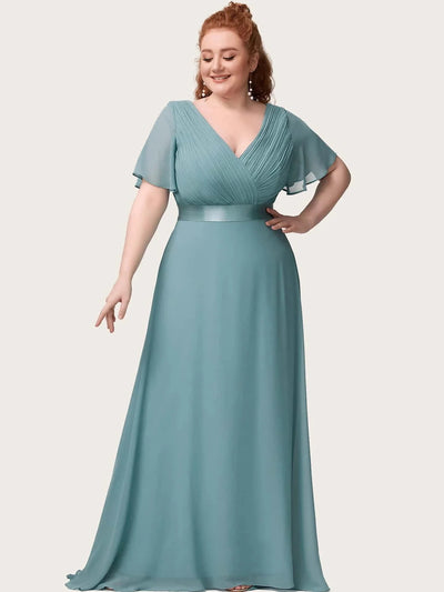 2024 New Women Plus Size Evening Dresses Long Elegant A Line V Neck Ruffles Chiffon Formal Wedding Party Dress Robe De Soiree