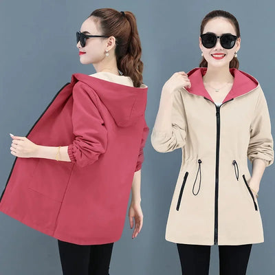 New Autumn Women's Jacket Double-sided Windbreaker Female Long Sleeve Jackets Hooded Casual Basic Coat Loose Outerwear 4XL