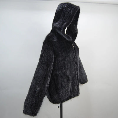 2025 New Women Mink Fur Coat Long-Sleeve Hooded Casual Jacket Fashion All-match Zipper Knitted Outerwear Jacket Custom Plus Size