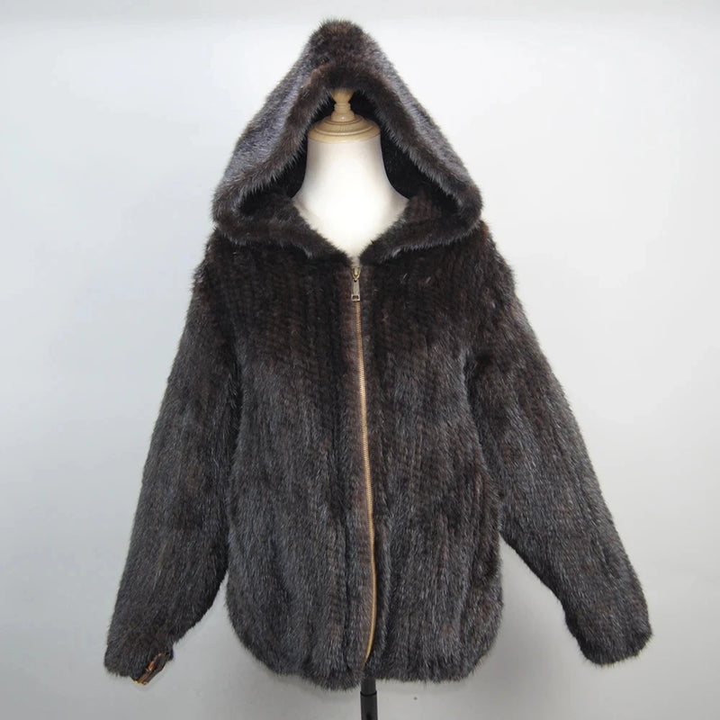 2025 New Women Mink Fur Coat Long-Sleeve Hooded Casual Jacket Fashion All-match Zipper Knitted Outerwear Jacket Custom Plus Size