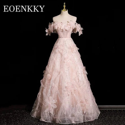 Luxury 3D Floral Sequined Prom Dresses Pink Off The Shoulder A Line Backless Wedding Party Dress Floor Length вечернее платье