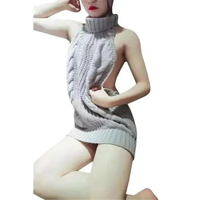 Sexy Women's Sweater Fashion Backless Sleeveless Turtleneck Pullover Knit Sweater Virgin Killer Cosplay Dress Female Jumper