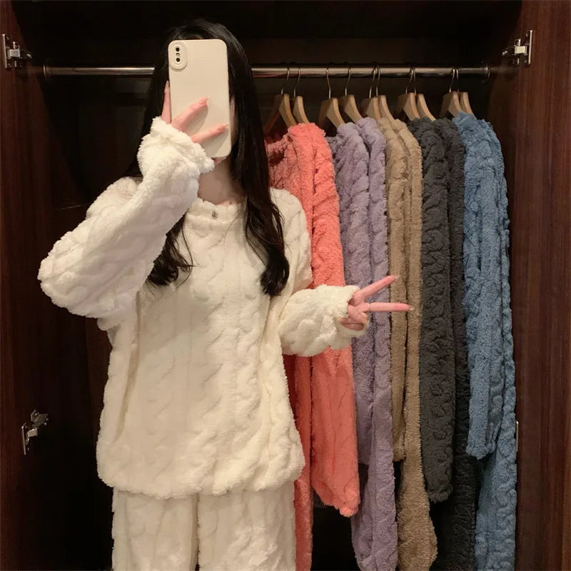 Thickened Warm Sleepwear for Winter Women Flannel Suit Student Pajamas Homewear Tops and Pants Striped Nightwear Loungewear