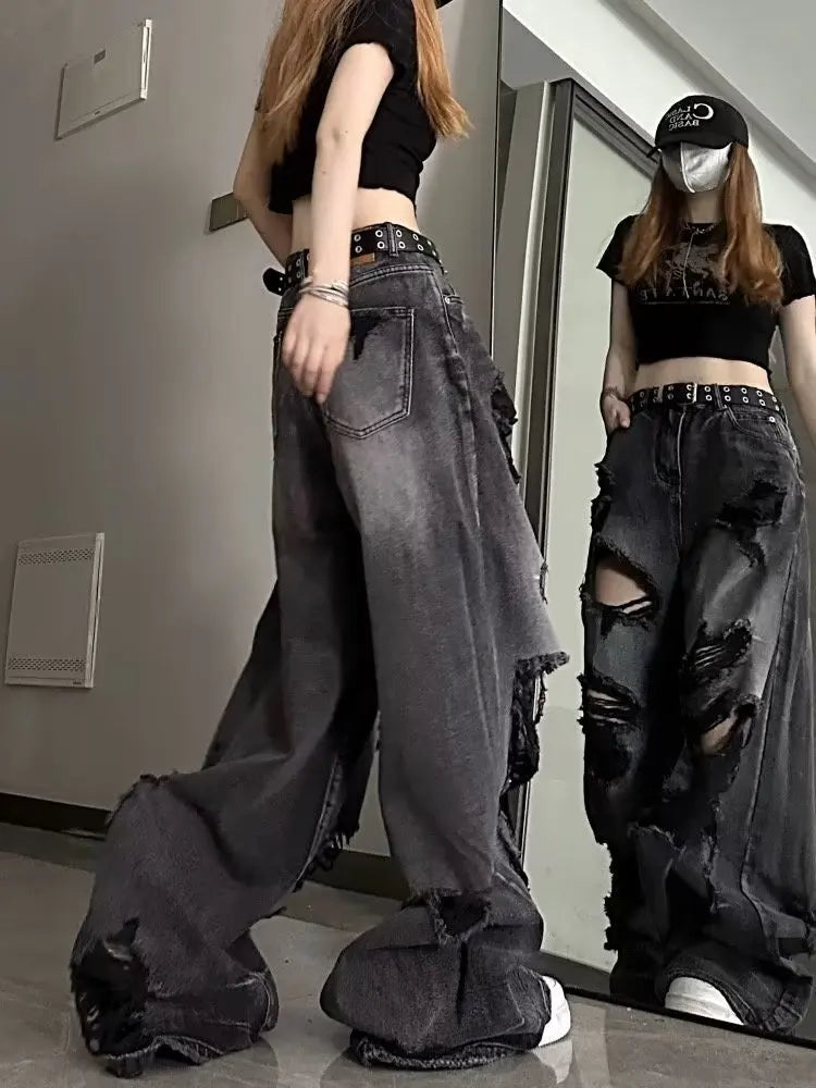 Niche Design Jeans, High Street Heavy Industry Wide Leg Pants, High-end Floor Length Pants, Trendy Brand Women&