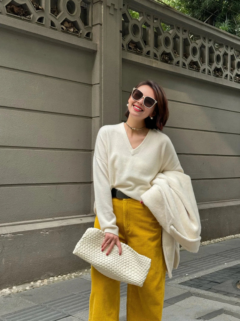 2024 Fall Winter Women Korean Streetwear Style Golden Baggy Yellow Corduroy Pants Office Wear to Work Trousers Fashion Clothes