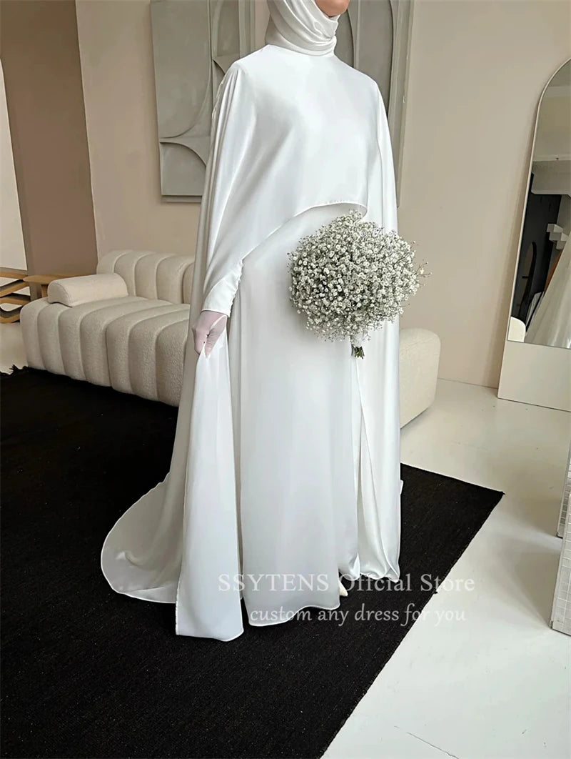 SSYTENS Elegant Muslim Wedding Dresses with Cape High Neck Bride Dress Long Sleeves Customized White Civil Bride Bridal Gowns