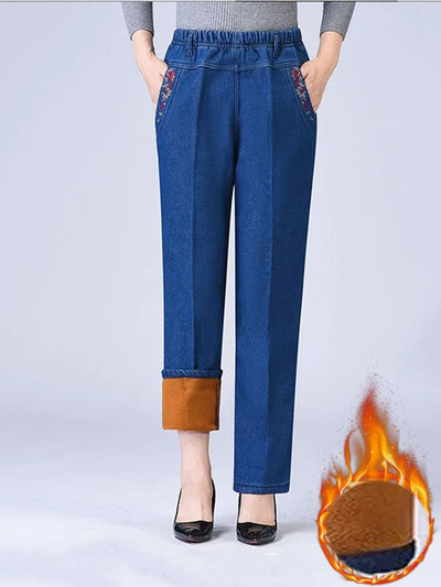 Winter Plush Velvet Lined Jeans Straight Denim Pants Mom High Waist Embroided Baggy Vaqueros Vintage Thicken Warm Kot Pantolon