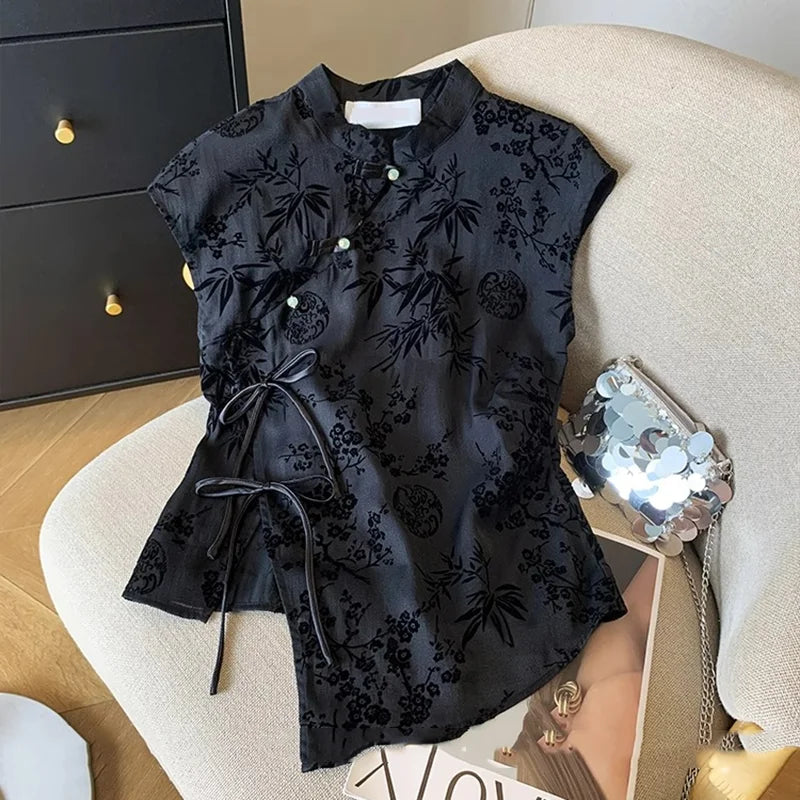 Retro Thin Shirt New Chinese Style Cheongsam Top Black Jacquard Short Sleeve T-shirt Summer Mature Fashion Women&