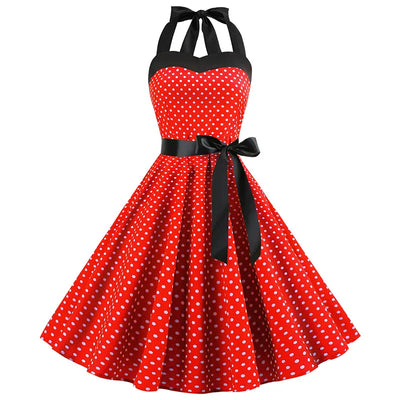 Women Polka Dot Print Summer Dress Sexy Retro White Halter Vintage Dress Robe Femme Pin Up Rockabilly Party Dress