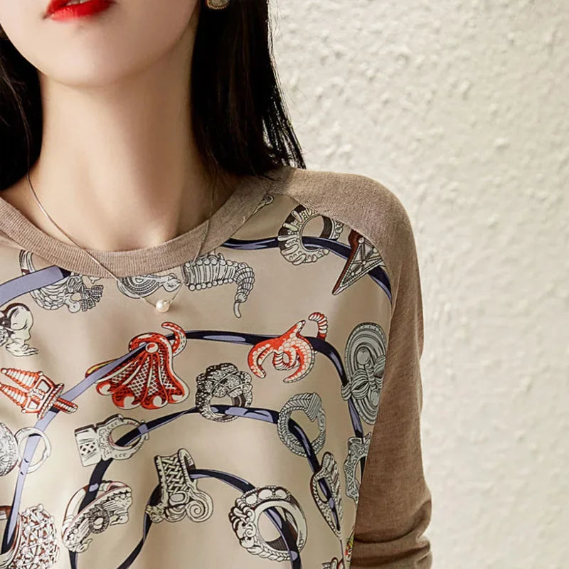 2024 Spring Autumn New Fashion Printing Round Neck Long Sleeve Knitting Pullovers Women Elegant Korean Style All-match Tops