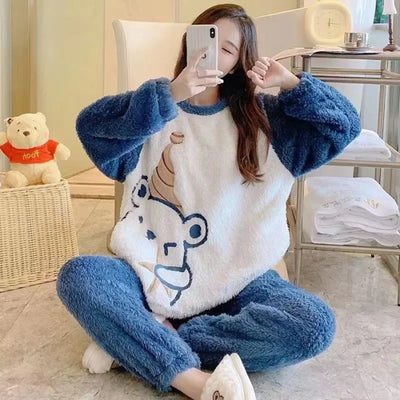 Thickened Warm Flannel Women's Sleepwear Coral Velvet Pajamas Loungewear Winter Cartoon Bear Padded Girl Nightwear Homewear Sets