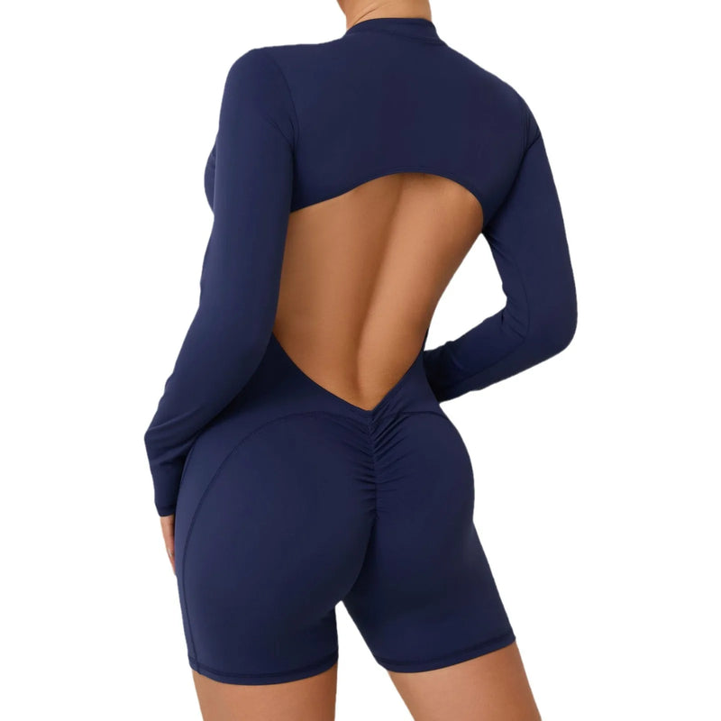 V Back Scrunch One-Piece Suit Push Up Sports Jumpsuit Woman Fitness Zipper Overalls Workout Rompers Women Gym Bodysuits Female