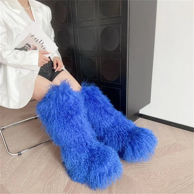 New Fashion Mongolia Fur Woman Snow Boots Fluffy Knee-High Boot Winter Women Fashion Snow Boot Warm Cotton Shoes