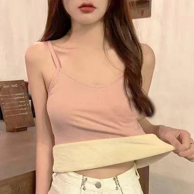 Women Winter Warm Underwear Solid Color Thermal Casual Nightwear Sexy Elasticity Female Thin Velvet T-Shirt Sleeveless Tops