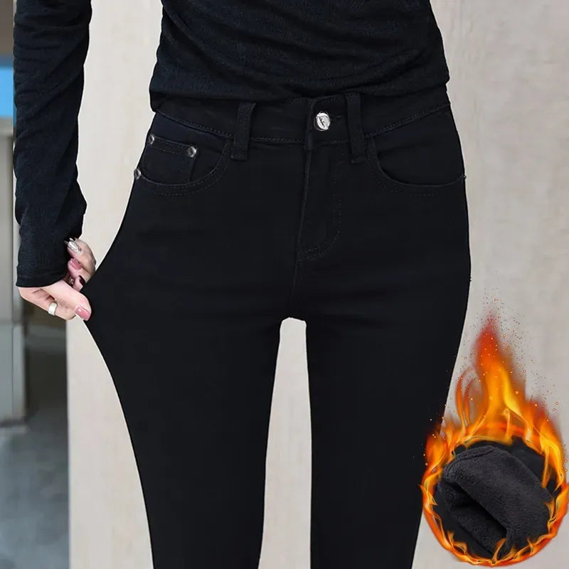 White Add Velvet Thicken Women Jeans Autumn Winter Korean Version Of Tight Pencil Pants High Waist Keep Warm Black Feet Pants