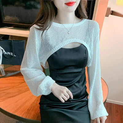 Women Y2k Crochet Knit Hollow Out Crop Top Long Flared Sleeve Shrug Sweater Mesh Cover Ups Cardigan Streetwear