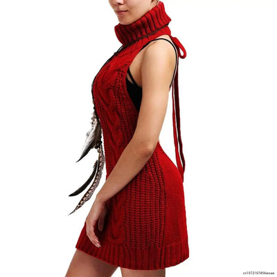 Sexy Women's Sweater Fashion Backless Sleeveless Turtleneck Pullover Knit Sweater Virgin Killer Cosplay Dress Female Jumper