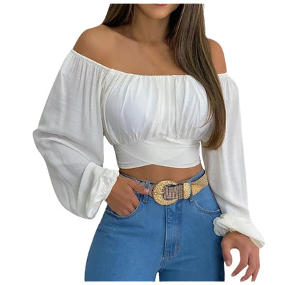 Sexy Slash Neck Backless Long Lantern Sleeve Floral Print Blouse Tops Summer Women Criss Cross Bandage Cropped T Shirt Tops