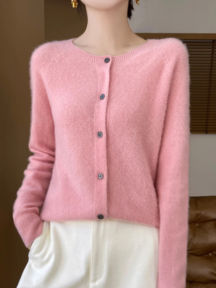 Autumn Winter Women 100% Merino Wool Sweater O-Neck Solid Color Cardigan Long Sleeve Clothing Cashmere Knitwear Bottoming Tops