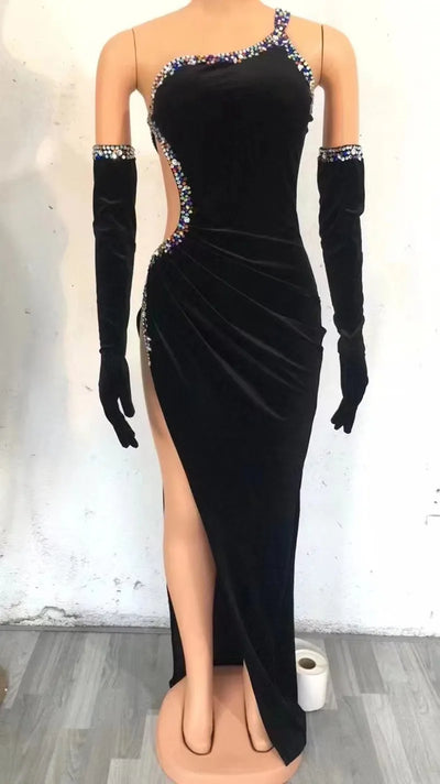 Multi-color Rhinestone Black Velvet HollowLong Dresses Gloves Women Dancer BarProm Costumes Evening Birthday Party Dress