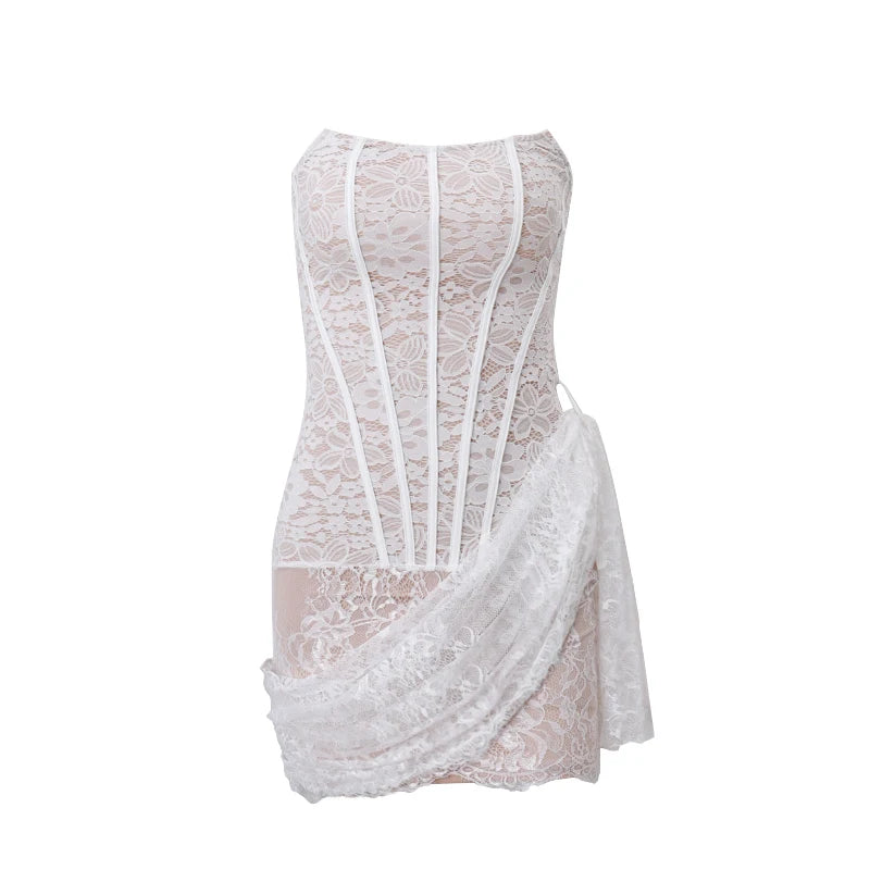 Candyhot Elegant Lace Strapless Sexy See-through Dress Bandage Irregular Mini Dress For Women Summer Slim Street Party Dress