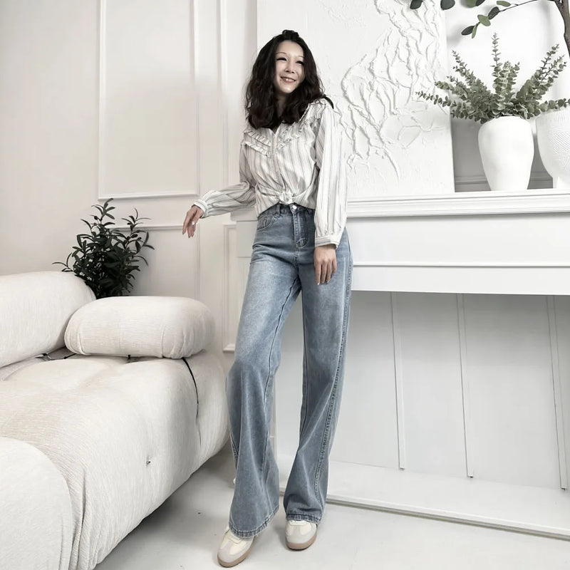 Wide Legged Denim Pants For Female Autumn Winter New Style High Waist Thicken Slim Fit Loose Fleece-lined Jeans For Women