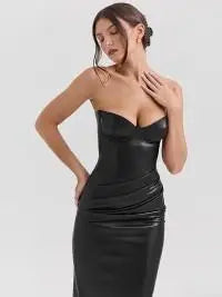 Solid Pu Leather Zipper Wrinkle Slim Bra Midi Dress Sleeveless Backless Split High Waist Dress 2024 New Lady Evening Party Robe