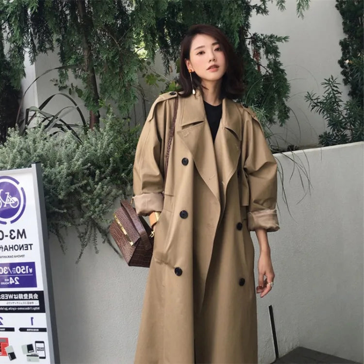 Womens Autumn Classic Double Breasted Long Trench Jacket with Belt Female Solid Color Lapels Windbreaker Winter Coat for Women