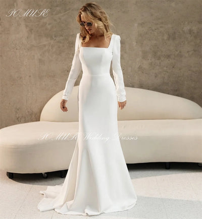 POMUSE Customized Buttons Wedding Dresses Long Sleeves Fit Country Wedding Bride Gown Custom Made Vestido De Novia for Women