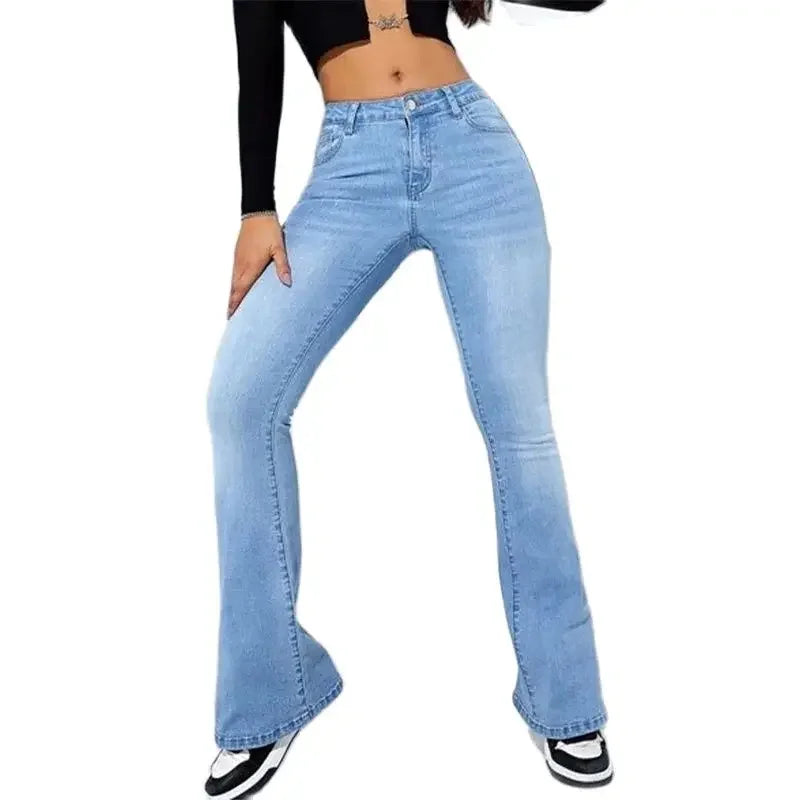 Fashion Women Commuter Slim Fit Jeans Mid Waist Micro Flared Denim Trousers Washable Floor-length Pants Female Casual Streetwear