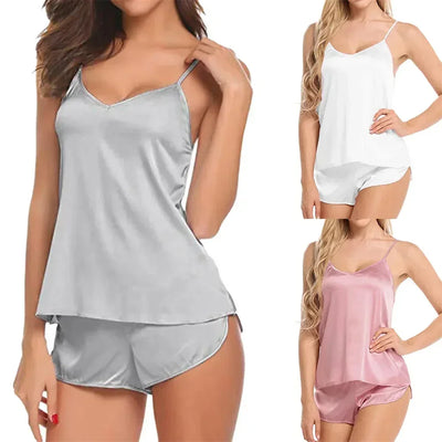 Women Sexy Solid Satin Pajama Set  Ice Silk Pajamas Nightwear Sleepwear V Neck Top Shorts Comfortable Female Lingerie Loungewear