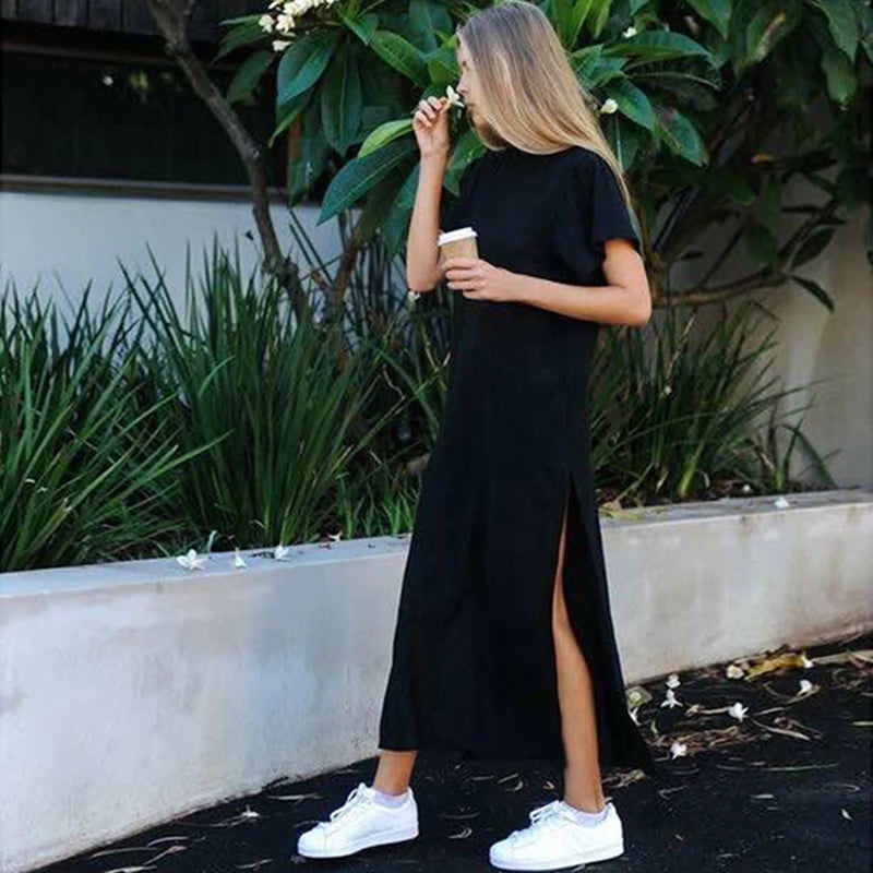 Summer Korean Style Midi Dress Women Casual Black Long Dresses Short Sleeve Sexy Plus Size Side Open Party Maxi T Shirt Dress