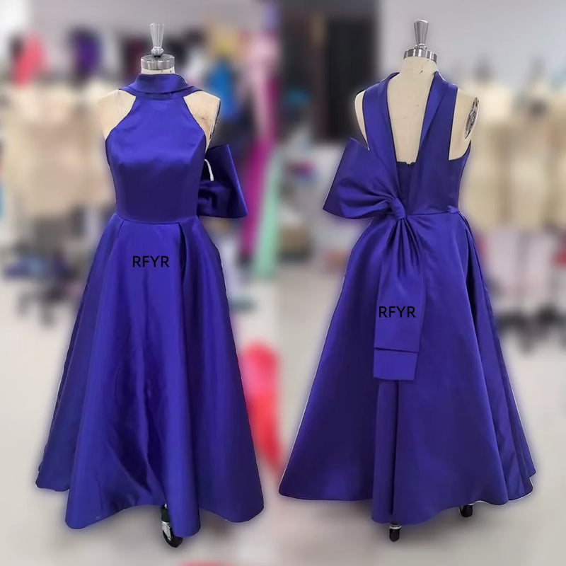 RFYR Purple Stain Prom Dress Sleeveless Halter Party Dress A Line Bow Celebrity Gowns with Pleats Wedding Party Dress Customized