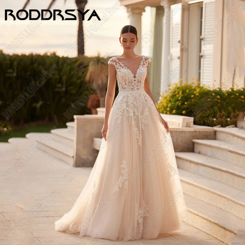 RODDRSYA Cap Sleeves V-Neck Wedding Dresses Lace Applique A-Line Civil Bride Gowns Button Back Light Champagne vestidos de novia